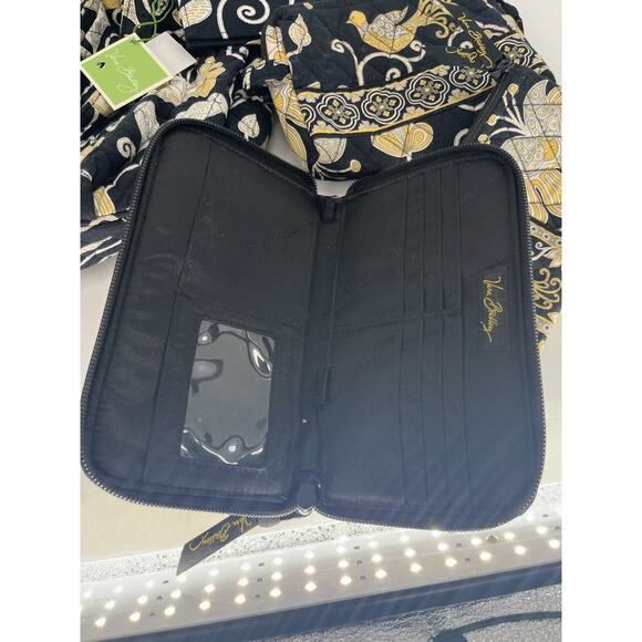 Vera Bradley Yellow Bird 3 Pc Set Tote Wallet Cosmetic Quilted Black - Picture 2 of 8